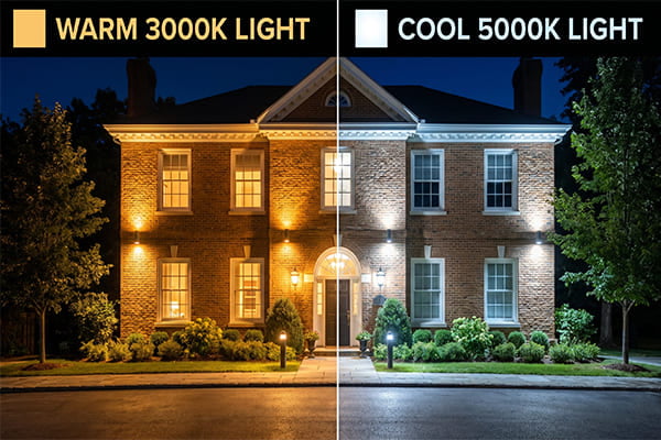 A side-by-side comparison of warm 3000K light and cool 5000K light on a building.